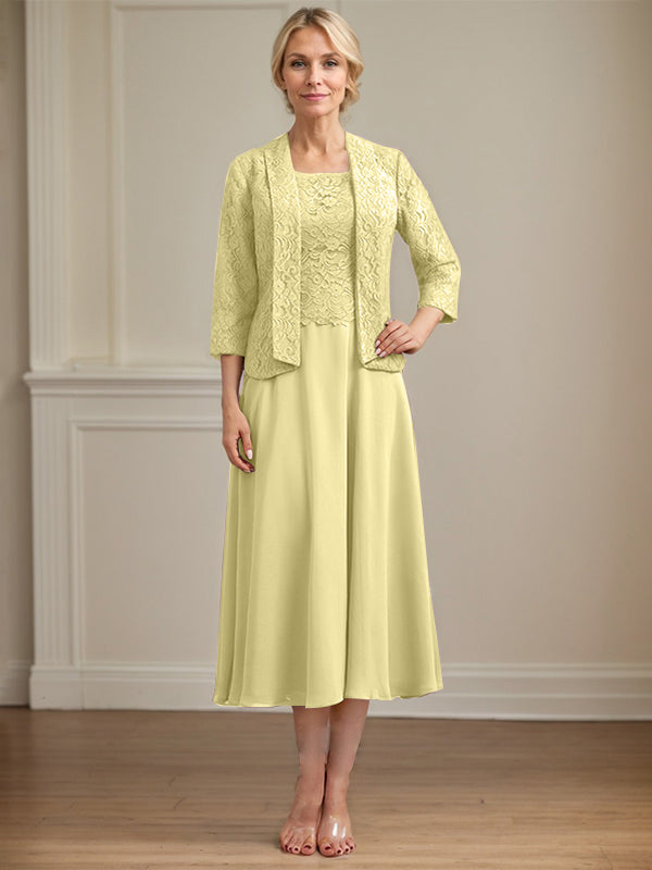 Vestido de corte A con escote redondo y largo hasta la rodilla en gasa de encaje para la madre de la novia 