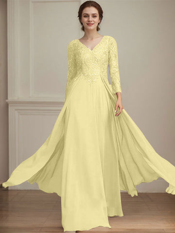 A-line V-Neck Floor-Length Lace Chiffon Mother of the Bride Dress With Sequins