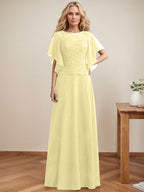 Vestido de novia de corte A, escote redondo, ilusión, largo hasta el suelo, de encaje y gasa con lentejuelas. 
