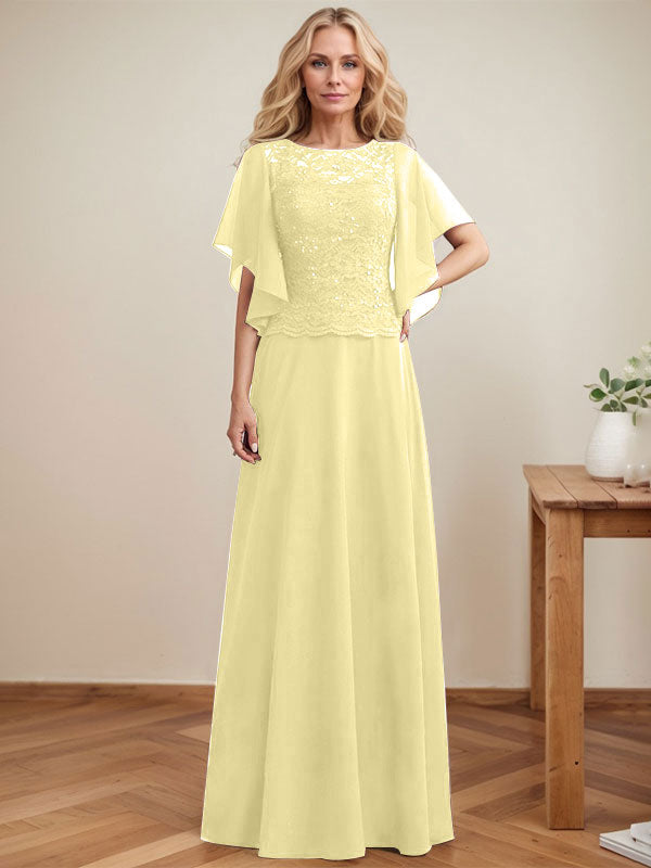 Vestido de novia de corte A, escote redondo, ilusión, largo hasta el suelo, de encaje y gasa con lentejuelas. 