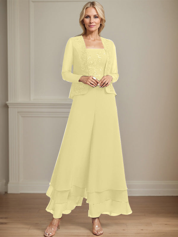 Conjunto de pantalón y chaqueta de dos piezas, corte cuadrado, largo hasta el tobillo, encaje, gasa, vestido de madre de la novia con lentejuelas 