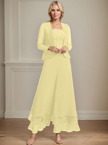 Separates Jumpsuit/Pantsuit Square Ankle-Length Lace Chiffon Mother of the Bride Dress With Sequins