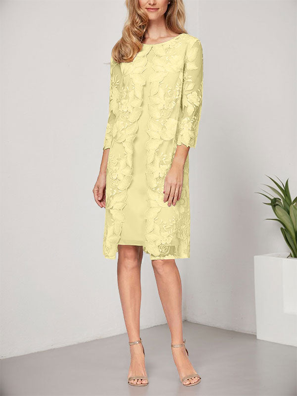 Vestido de corte A, escote redondo, largo hasta la rodilla, de gasa y encaje, para la madre de la novia, con chaqueta. 