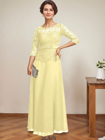 A-line Scoop Illusion Ankle-Length Chiffon Lace Mother of the Bride Dress With Rhinestone Beading