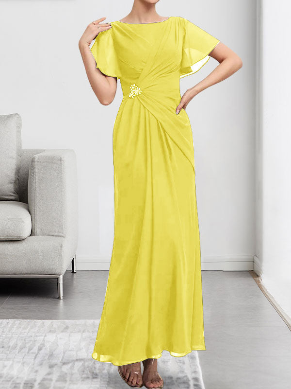 Vestido de gasa de corte A, escote redondo, largo hasta el tobillo, para la madre de la novia, con plisados ​​y cuentas.