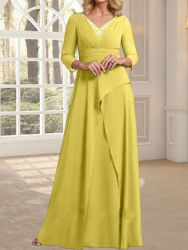 Vestido de gasa de corte A, escote en V, largo hasta el suelo, para la madre de la novia, con plisados ​​y cuentas.