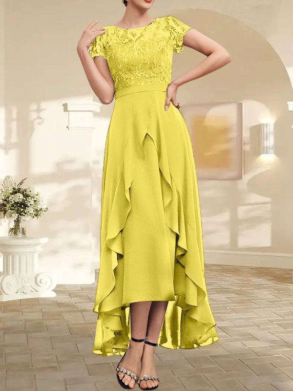 Vestido de novia asimétrico de gasa con encaje, corte en A, escote ilusión, detalle de lazo, volantes y lentejuelas para la madre de la novia 