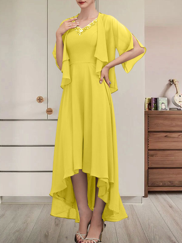 Vestido de corte A, escote en V, asimétrico, de gasa, para la madre de la novia, con lentejuelas y pedrería.
