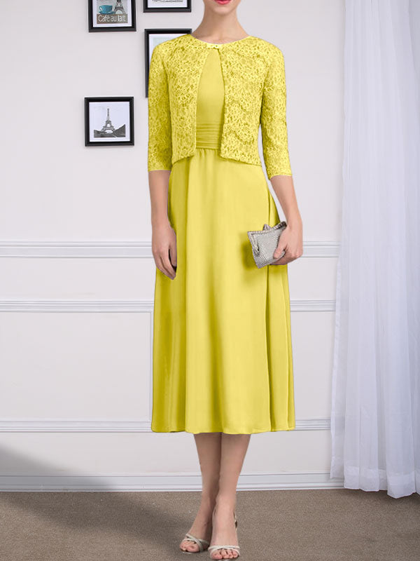Vestido de chifón de corte línea A, largo té, para la madre de la novia, con escote redondo y pliegues.