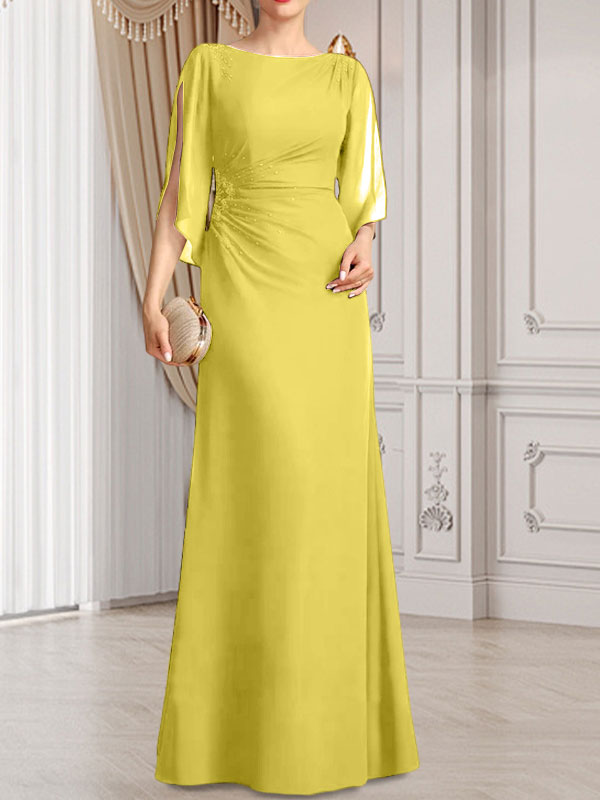 Vestido de corte recto/columna, largo hasta el suelo, de gasa, para la madre de la novia, con plisados ​​y cuentas.