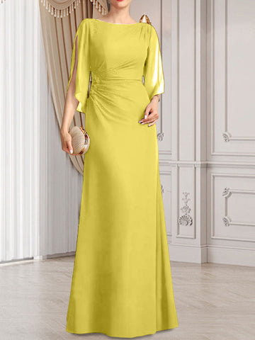 Robe fourreau/colonne longue en mousseline pour la mère de la mariée, ornée de perles plissées.