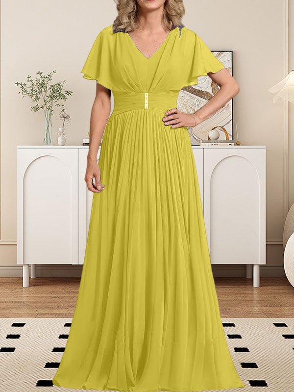 Vestido de gasa de corte A, escote en V, largo hasta el suelo, para la madre de la novia, con broche de cristal y pliegues. 