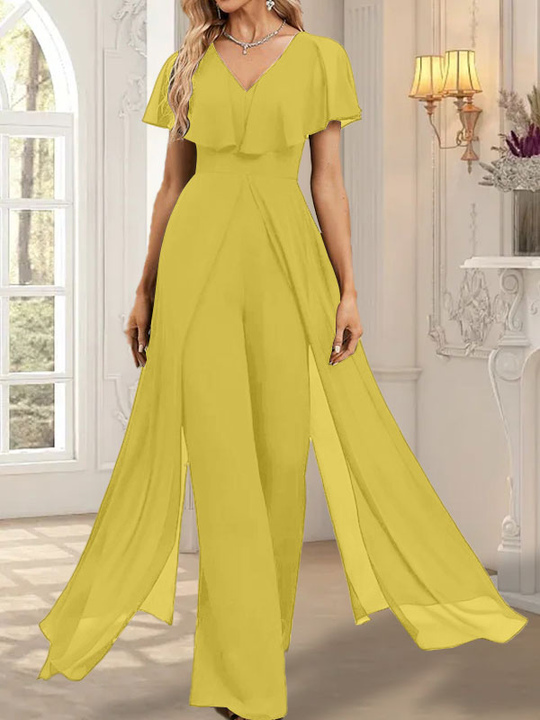 Combinaison-pantalon robe de soirée longue en mousseline à col en V