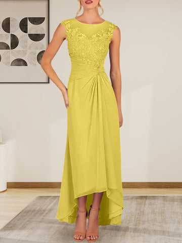 Champagne A-Line Scoop Lace Chiffon Dress