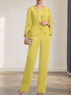 Combinaison/Tailleur-pantalon deux pièces, robe longue en mousseline à col V pour la mère de la mariée