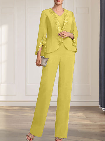 Separates Jumpsuit/Pantsuit V-Neck Floor-Length Chiffon Mother of the Bride Dress
