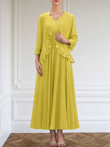 A-line V-Neck Ankle-Length Chiffon Mother of the Bride Dress With Sequins Appliques Lace Beading