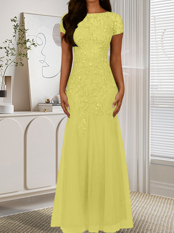 Robe sirène bleu marine foncé à sequins et tulle, décolleté rond, robe en tulle bleu marine foncé