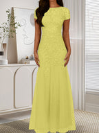 Robe sirène bleu marine foncé à sequins et tulle, décolleté rond, robe en tulle bleu marine foncé