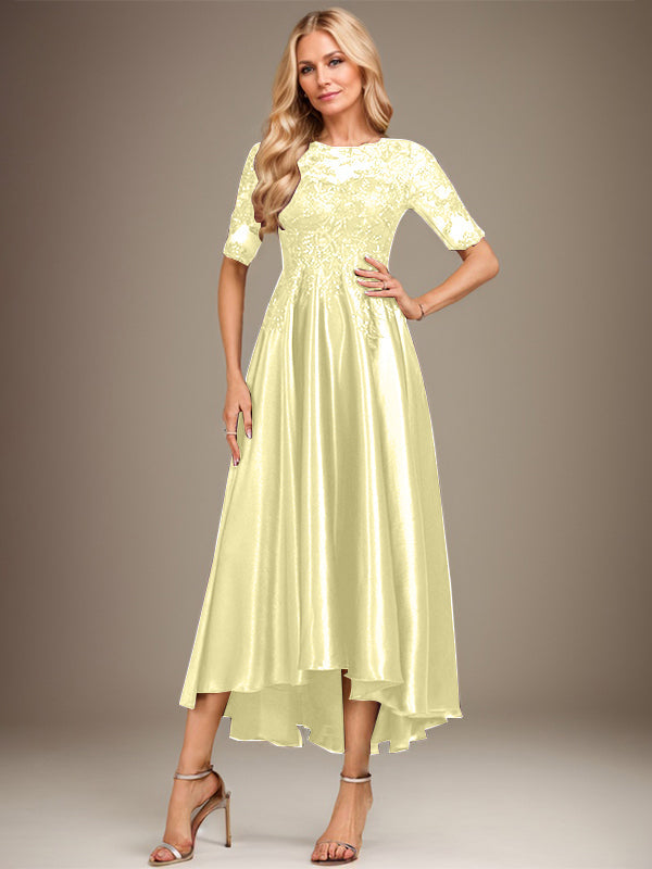 Robe de mère de la mariée asymétrique en satin stretch dentelle et dentelle, coupe trapèze, effet illusion, ornée de sequins 