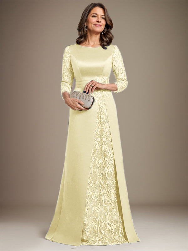 Robe de mère de la mariée en satin de dentelle, coupe trapèze, longue jusqu'au sol, ornée d'appliqués, avec décolleté plongeant et bretelles.
