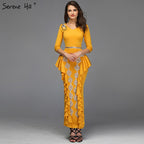Yellow V-Neck Mermaid Sexy Evening Dresses 2025 Ruffles Sequined Ankle-Lenght Evening Gowns Design QA8037