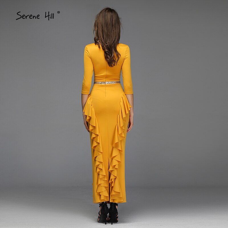 Yellow V-Neck Mermaid Sexy Evening Dresses 2025 Ruffles Sequined Ankle-Lenght Evening Gowns Design QA8037