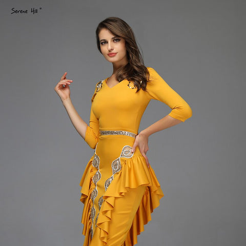 Vestidos de noche amarillos de corte sirena con escote en V, sexys, con volantes y lentejuelas, hasta los tobillos, diseño QA8037 