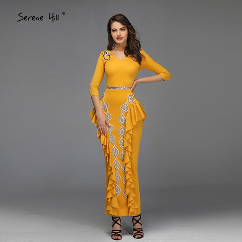 Vestidos de noche amarillos de corte sirena con escote en V, sexys, con volantes y lentejuelas, hasta los tobillos, diseño QA8037 