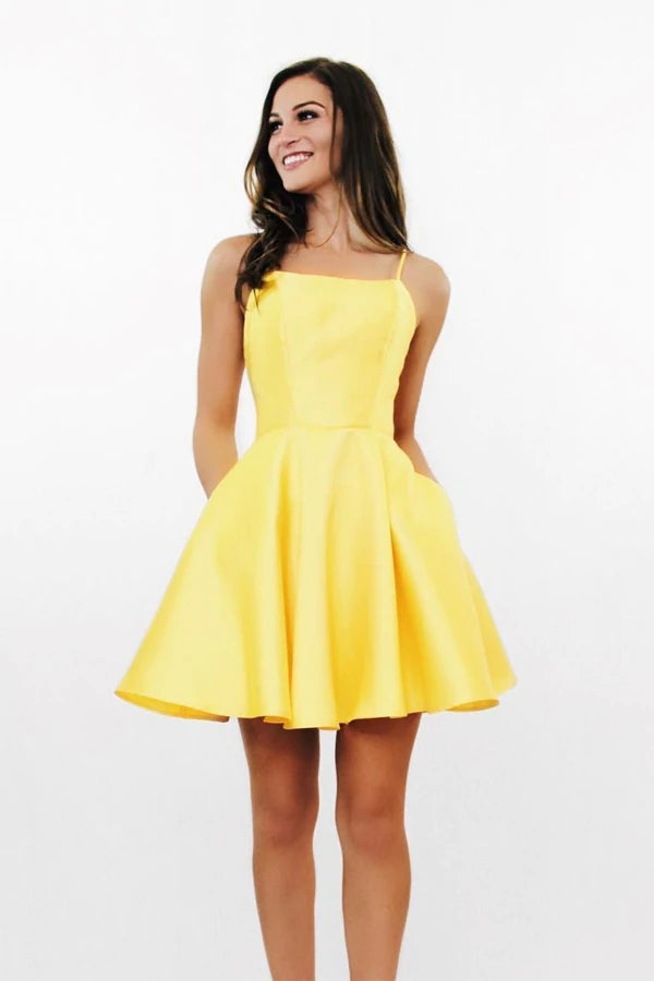 Vestido de fiesta de bienvenida corte A con bolsillos, vestido sencillo de graduación
