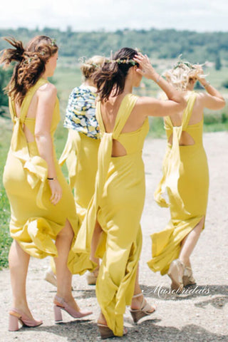 Vestidos de dama de honor de satén, corte sirena, estilo barco, largos hasta el suelo, con abertura. 