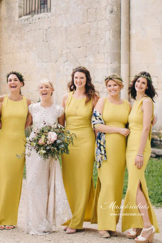 Vestidos de dama de honor de satén, corte sirena, estilo barco, largos hasta el suelo, con abertura. 