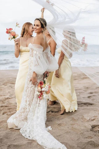 Vestidos largos de dama de honor de satén con escote redondo y tirantes finos 