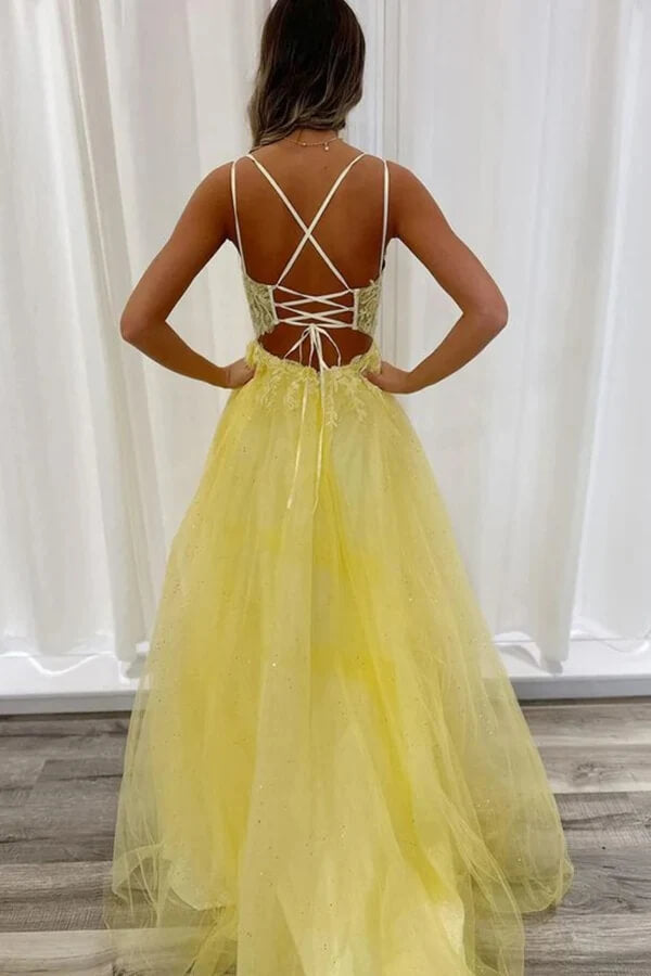 Tulle A-line V-neck Backless Lace Appliques Long Prom Dressess