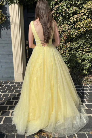 Robe de bal longue jaune en tulle, coupe trapèze, col en V et ceinture, robe de soirée