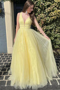 Vestidos largos de fiesta de tul amarillo, corte en A, escote en V, con cinturón, vestidos de noche
