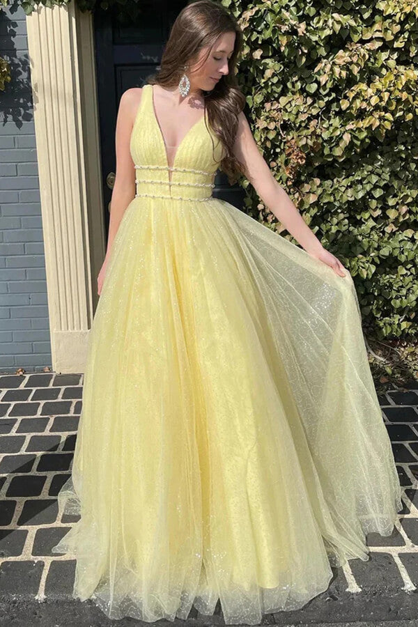 Vestidos largos de fiesta de tul amarillo, corte en A, escote en V, con cinturón, vestidos de noche