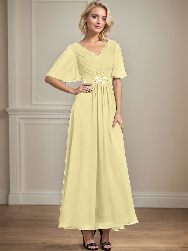 Vestido de gasa de corte A, escote en V, largo hasta el tobillo, para la madre de la novia, con lentejuelas y cuentas plisadas.