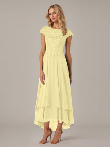 A-line Boat Neck Illusion Asymmetrical Chiffon Lace Mother of the Bride Dress With Applique Pleats