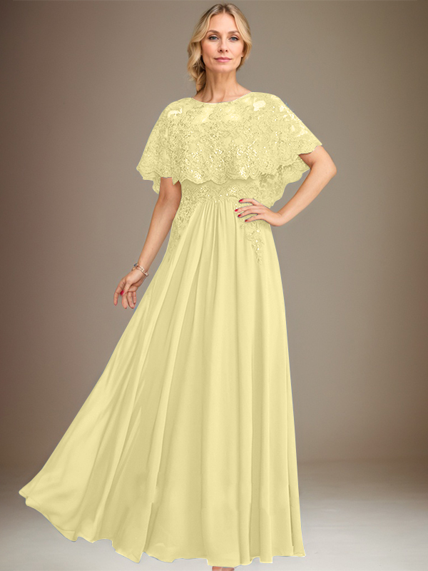 Robe de mère de la mariée en mousseline de soie dentelle, coupe trapèze, col bateau, longueur au sol, ornée d'appliqués de sequins 
