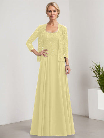 A-line Square Floor-Length Lace Chiffon Mother of the Bride Dress With Sequins