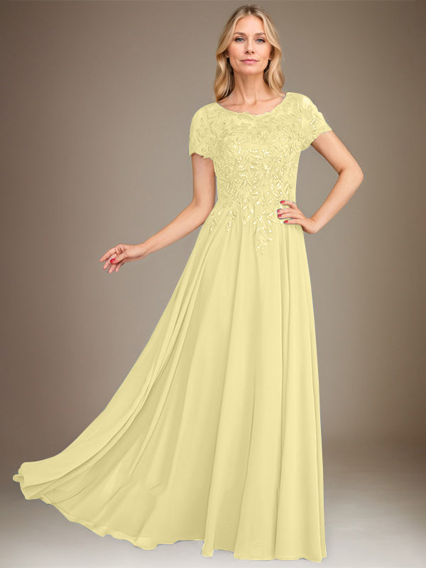 Vestido de corte A, escote redondo, largo hasta el suelo, de gasa, para la madre de la novia, con apliques y lentejuelas. 