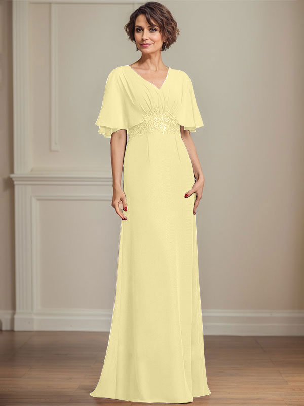 Vestido de corte A, escote en V, largo hasta el suelo, de gasa, para la madre de la novia, con apliques de lentejuelas plisadas y encaje.