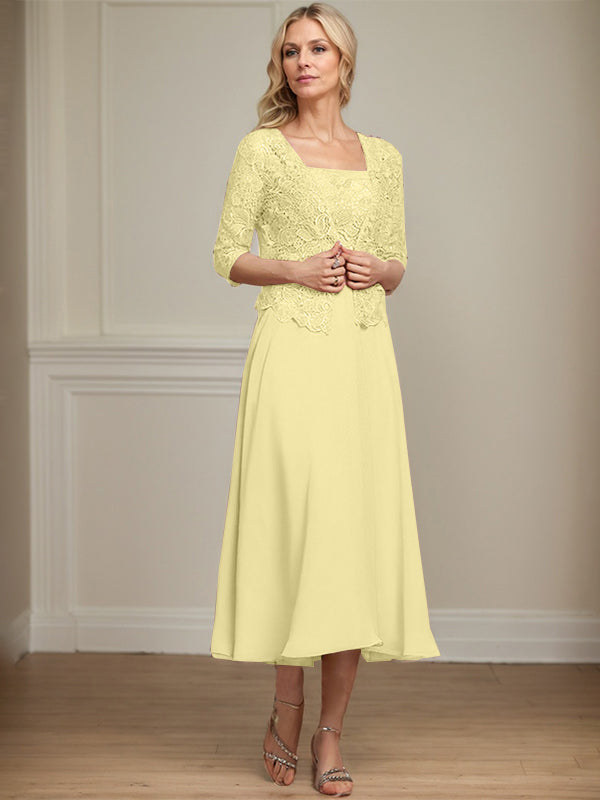 Vestido de corte A, largo midi, de gasa, encaje y lentejuelas para la madre de la novia. 
