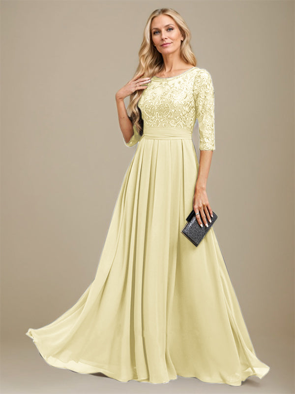 Vestido de corte A, escote redondo, largo hasta el suelo, de gasa de encaje con apliques de lentejuelas para la madre de la novia. 