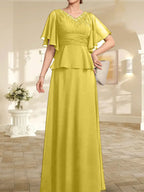 Vestido de gasa de corte A, escote en V, largo hasta el suelo, para la madre de la novia, con plisados ​​y cuentas.
