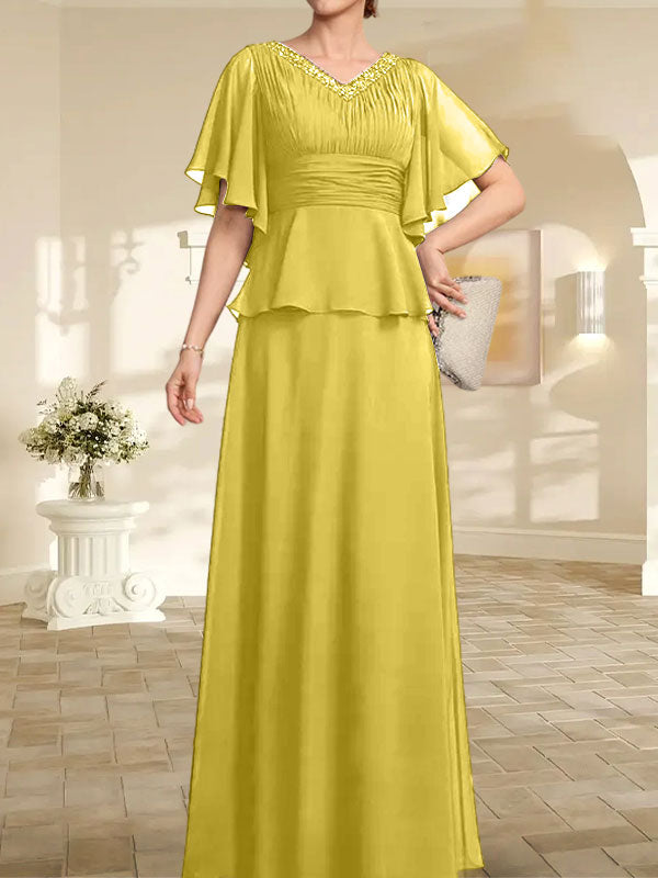 Vestido de gasa de corte A, escote en V, largo hasta el suelo, para la madre de la novia, con plisados ​​y cuentas.