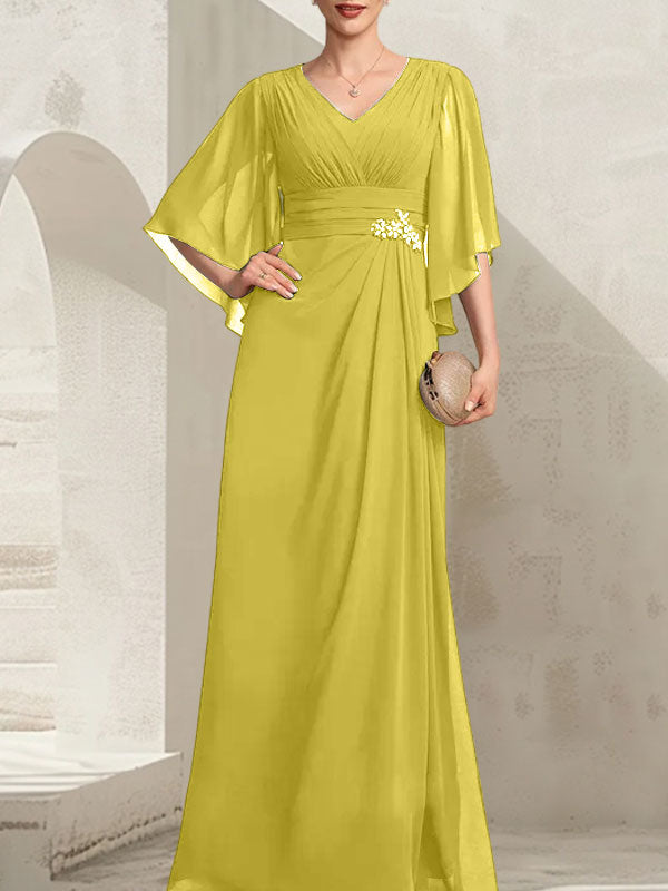 Vestido de corte recto/columna, escote en V, largo hasta el suelo, de gasa, para la madre de la novia, con lentejuelas plisadas y pedrería.