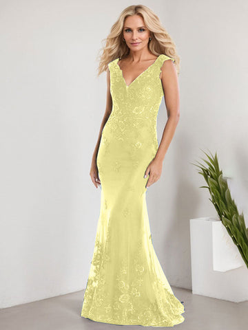 A-line V-Neck Floor-Length Lace Chiffon Mother of the Bride Dress With Applique Sequins Mermaid Dresses