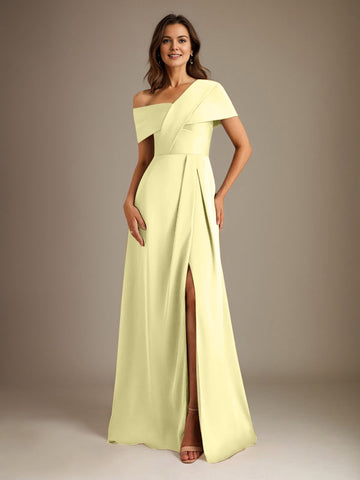A-Line Asymmetrical Neckline Floor-Length Satin Mother of the Bride Dress With Pleated